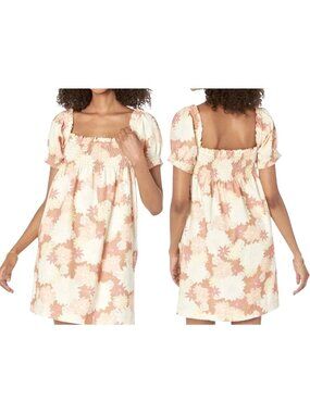 Faherty Coral Floral Organic Cotton Smocked Square-Neck Puff-Sleeve Dress Small
